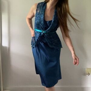 Midnight Blue Slip Dress & Lace Vest w Pockets
